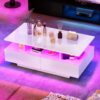 YITAHOME LED Coffee Tables for Living Room, High Glossy Coffee Table with Storage 4 Sliding Drawers, Small Rectangular LED Coffee Table Center Table with Open Display Shelf, Glossy White