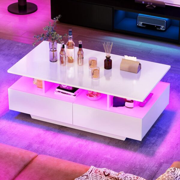 YITAHOME LED Coffee Tables for Living Room, High Glossy Coffee Table with Storage 4 Sliding Drawers, Small Rectangular LED Coffee Table Center Table with Open Display Shelf, Glossy White