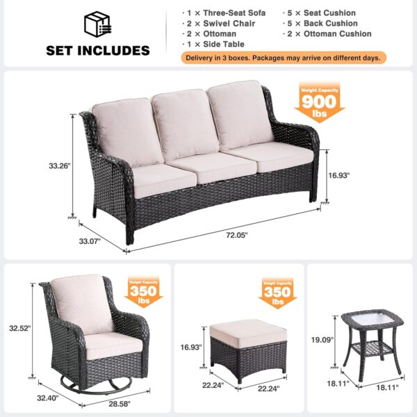 ovios 6-Pieces Patio Furniture Set with Swivel Chairs, Outdoor Wicker Sofa Couch Gliders Rocker Comfy Cushions, Modern High Back Conversation Set, Brown Rattan, Beige
