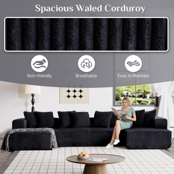 131" Modular Sectional Couch, Luxury Black Sectional Couches for Living Room, Comfy Corduroy Couch Sofa with Chaise Lounge, Free Combination Sleeper Sofa with Memory Foam, Black