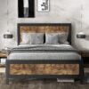 SHA CERLIN Grey Metal Bed Frame Queen, Industrial Wooden Platform Base with Rivet Headboard and Footboard, No Box Spring Needed