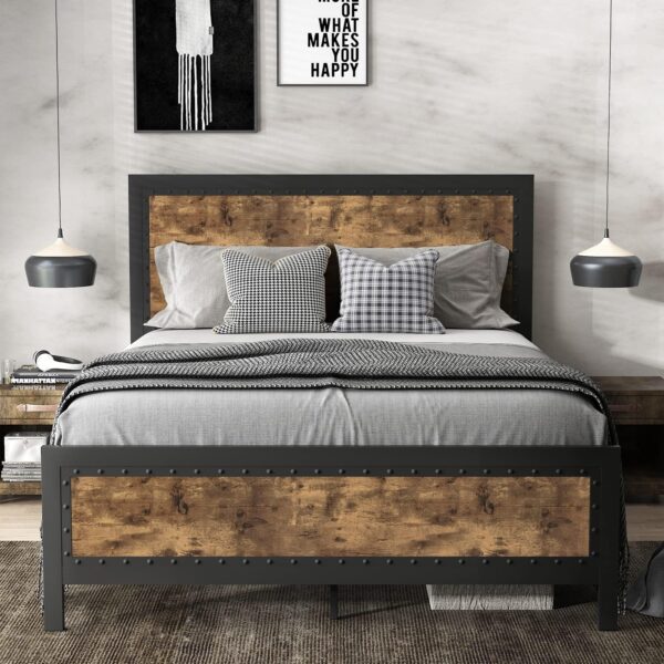 SHA CERLIN Grey Metal Bed Frame Queen, Industrial Wooden Platform Base with Rivet Headboard and Footboard, No Box Spring Needed