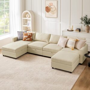 DUMOS Convertible U-Shaped Sectional Sofa Couch with 6 Seats 6 Backs with Ottoman, Modern Modular Sleeper with Storage for Living Room, Comfy Extra Deep Seats for Lounge, Beige