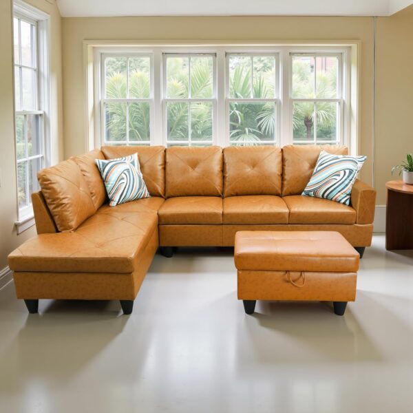L Shaped Couch Modern Couches for Living Room Faux Leather 3 Pieces Modular Sectional Sofa with Storage Ottoman and Back Cushions for Reception Room and Apartment, Ginger