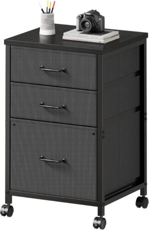 3 Drawer Mobile File Cabinet with Wheels Fabric Vertical Filing Cabinet fits A4 or Letter Size for Home Office,Black