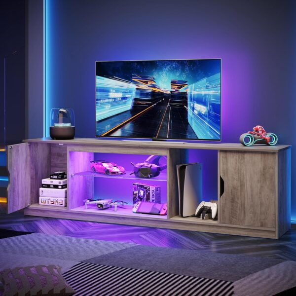 Bestier LED TV Stand for 65/70/75/80 Inch TV, 70 inch Gaming Entertainment Center with Adjustable Glass Shelves & Storage Cabinet for PS5, Xbox, Modern TV Console Table for Living Room, Grey Wash