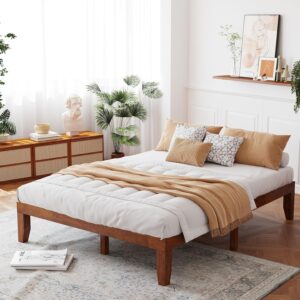 Giantex 14 Inch Queen Wood Platform Bed Frame, Minimalist Style Mattress Foundation with Solid Rubber Wood, Heavy Duty Wood Slat Support, Without Headboard, Easy Assembly, No Box Spring Needed, Walnut