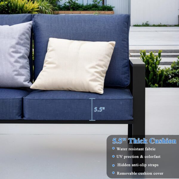 Aluminum Outdoor Loveseat, Oversized Patio Couch, Modern Sofa All Weather Metal Furniture Set with 5.5" Cushions, Blue
