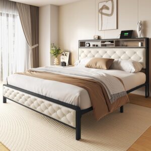 YITAHOME Queen Size Bed Frame, Platform Bed Frame with Charging Station, Upholstered Storage Headboard & Footboard Metal Slats Supports Mattress Foundation, No Box Spring Needed, Beige(No Drawers)