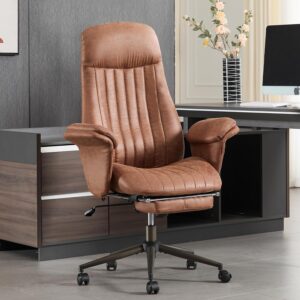 High Back Ergonomic Home Office Desk Chair, Modern Lumbar Support Recline Executive Office Chair with Foot Rest, Suede Leather Swivel Computer Chair with Detachable Arms (Light Brown Suede Fabric)