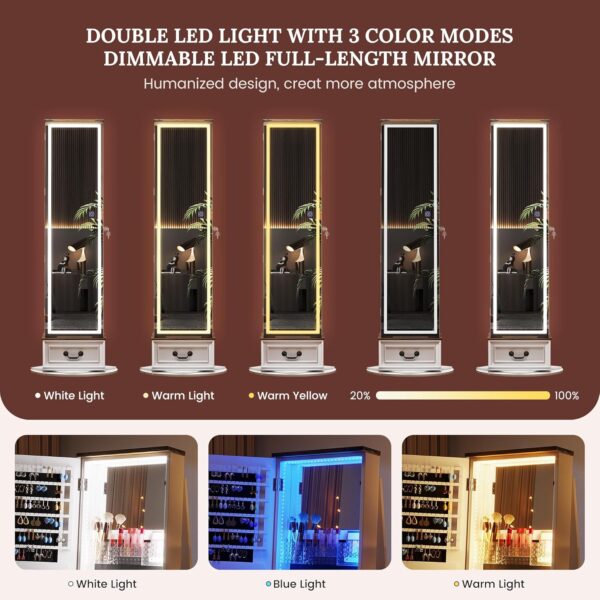 LVSOMT LED Mirror Jewelry Cabinet Standing, 360°Swivel Jewelry Armoire with Full Length Mirror, Mirror with Jewelry Storage and Large Wooden Drawer for Christmas Gifts (Farmhouse White)