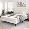 Queen Size Bed Frame with Diamond Tufted Headboard, Velvet Upholstered Platform Bed and Wooden Slat Support, Noise-Free, No Box Spring Needed, Easy Assembly, Beige