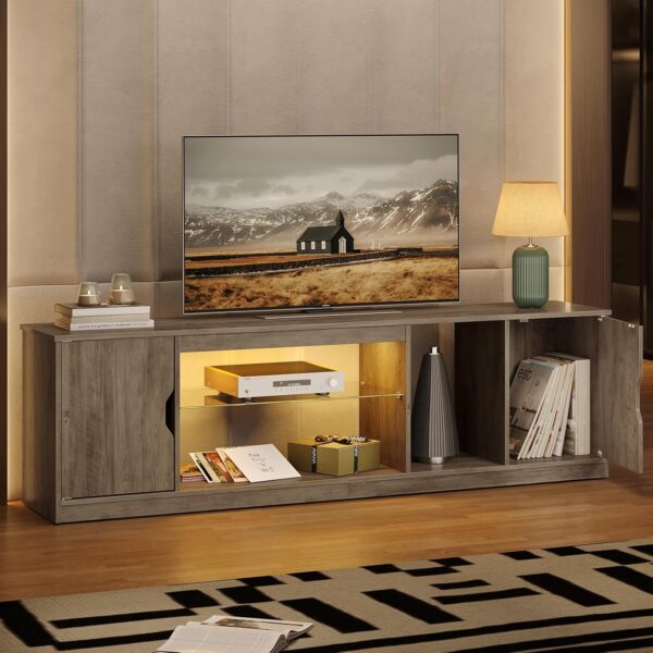 Bestier LED TV Stand for 65/70/75/80 Inch TV, 70 inch Gaming Entertainment Center with Adjustable Glass Shelves & Storage Cabinet for PS5, Xbox, Modern TV Console Table for Living Room, Grey Wash