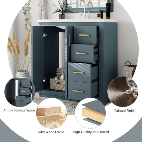 30 Inch Bathroom Vanity with Ceramic Sink, Traditional Bathroom Storage Cabinet with 3 Drawers and 2 Chevron Front Doors, Solid Wood Frame Bathroom Vanities