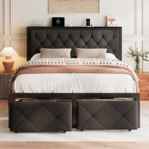 Feonase Queen Metal Bed Frame with 2 Storage Drawers, Storage Headboard with Charging Station, Platform Beds Button Tufted Upholstered, Steel Slats Support, No Box Spring Needed, Easy Assembly, Black