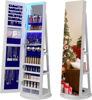 360° Rotating Jewelry Cabinet with LED Lights, 63" H Full Length Mirror with Jewelry Storage, Standing Jewelry Armoire with Door Mirror, Jewelry Organizers for Christmas Gift (White)