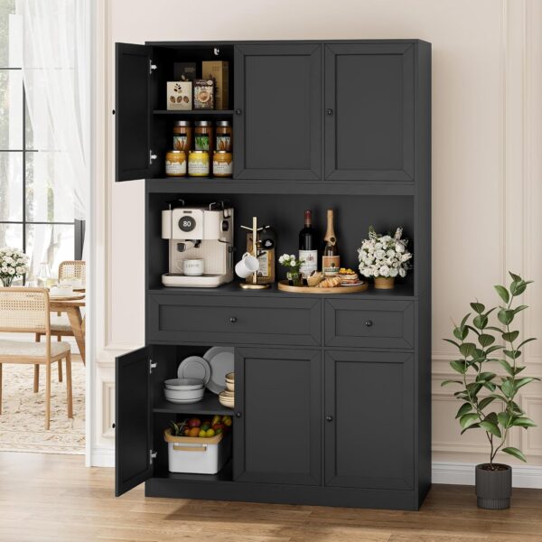 72" Kitchen Pantry Cabinet, Kitchen Hutch with Microwave Stand, Buffet Cabinet with Hutch for Dining Room, Black