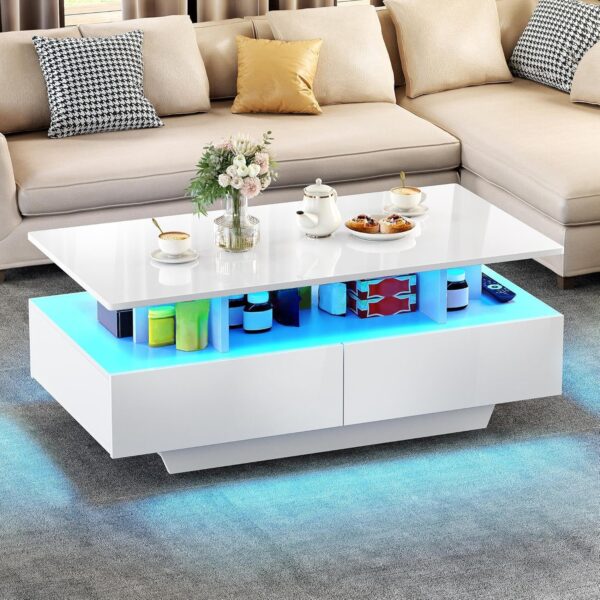 YITAHOME LED Coffee Tables for Living Room, High Glossy Coffee Table with Storage 4 Sliding Drawers, Small Rectangular LED Coffee Table Center Table with Open Display Shelf, Glossy White