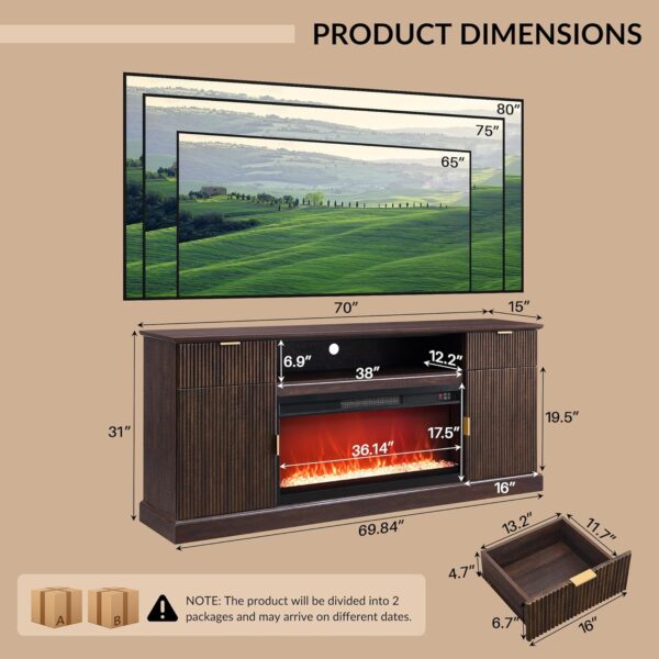 Fluted Fireplace TV Stand for TVs Up to 80 inch, Modern Entertainment Center with 36" Electric Fireplace, Wood Media Console w/Drawers and Adjustable Shelves for Living Room, Brown