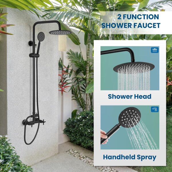 gotonovo SUS304 Outdoor Shower Fixture High Pressure Shower System Combo Wall Mount 2 Dual Function Shower Faucet Set Round Handheld Spray Matte Black Double Cross Handle