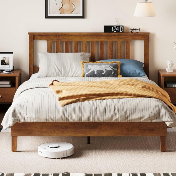 LINSY Queen Bed Frame, Wood Platform Bed Frame with Headboard, Solid Wood Bed with Wood Slat Support, No Box Spring Needed, Easy Assembly, Walnut, Queen