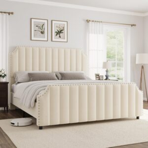 Queen Size Platform Bed Frame with 50.2" Headboard, Velvet Upholstered Bed Frame Queen with Vertical Channel Tufted Headboard & Footboard, Nailhead Trim, No Box Spring Needed, Cream