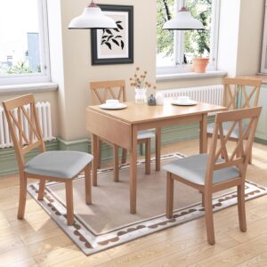 Merax Farmhouse Wooden Dining Set of 5, 29"- 45" Extendable Dining Table with Drop Leaf, 4 Upholstered Chairs for Small Space, Easy Assemble Natural
