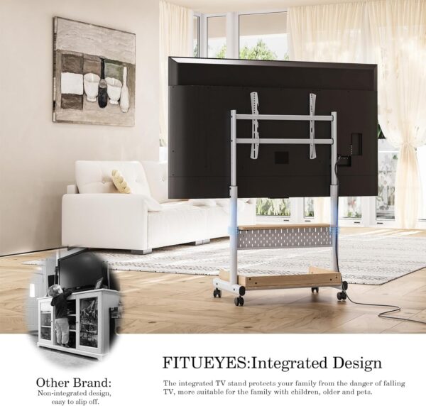 81Mx2NpNwvL._AC_SL1500_.jpg FITUEYES Rolling TV Stand Mount for 40 to 85 TVs,Mobile TV Floor Stand on Wheels with Large Storage Pegboard & Wooden Shelf,Heavy Duty TV Cart Hold Up to 132 lbs for Bedroom, Living Room, Office