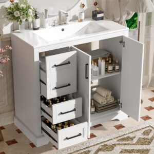 ENSHUI 36" Bathroom Vanity with Sink, Modern Solid Wood Floor Standing Bathroom Cabinet with Ample Storage Space, Bathroom Vanities with Soft Close Doors (White Black)