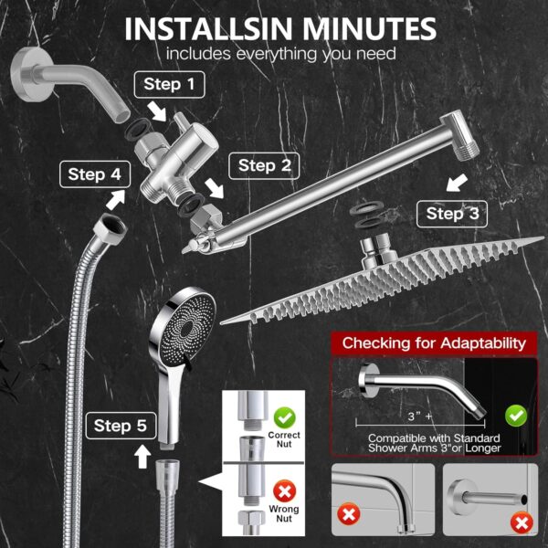 Shower Head,12" High Pressure Shower Combo,Rainfall Shower System with Handheld Spray,All Metal 3-Way Diverter & 6ft Hose,Anti-Clog Nozzles,Easy to Install in Bathrooms-Silver Chrome