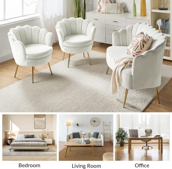 HULALA HOME 3 Piece Velvet Living Room Furniture Set, Including Loveseat & 2 Sofa Chairs, Modern Comfy Upholstered 2-Seater Sofa & Accent Chair Set for Bedroom, Flower Shaped Back & Gold Legs, Ivory