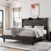 Queen Size Upholstered Bed Frame with Charging Station, Platform Bed Frame with Storage Headboard, Solid Wood Slats Support, No Box Spring Needed, Dark Gray