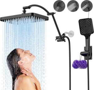 13 Inch High Pressure Shower Heads with Handheld Spray Combo, Rain Shower Head Extension Arm 19 Inch, Black Rainfall Shower Head with Handheld