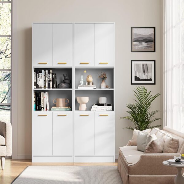 Cozy Castle Kitchen Pantry Cabinet, 75" Tall Wood Storage Cabinet with Doors and Shelves, 4 Doors Open Countertop Utility Hutch Cupboard for Dining Room Living Room Bathroom Furniture, White