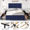 IDEALHOUSE Queen Size Bed Frame with 4 Storage Drawers and Headboard, Velvet Upholstered Platform Bed Frame with Wooden Slats Support, Button Tufted Design, No Box Spring Needed, Blue