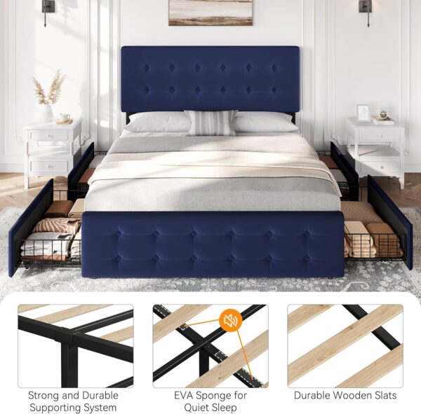 IDEALHOUSE Queen Size Bed Frame with 4 Storage Drawers and Headboard, Velvet Upholstered Platform Bed Frame with Wooden Slats Support, Button Tufted Design, No Box Spring Needed, Blue