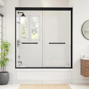 Shower Doors for Bath Tub Modern 60" W x 58" H Shower Glass Door Bath Tub Doors Glass Sliding with 1/4" (6mm) SGCC Tempered Glass and Stainless Steel Handle for Bathroom, Matte Black