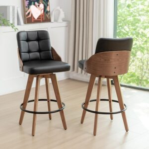 AQG Bar Stools Set of 2, Counter Height Bar Stools, 26 Inch Swivel Barstools with Walnut Craft, Upholstered Faux Leather with Back, Mid Century for Kitchen, Island, Counter.(Black Pu)