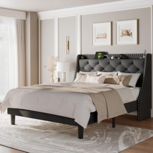 Feonase Queen Bed Frame with Luxury Wingback and Fast Charging Station,Upholstered Button Tufted Storage Headboard Platform Bed,Sturdy Wooden Slats Support,Noise-Free,Easy Assembly,Dark Gray