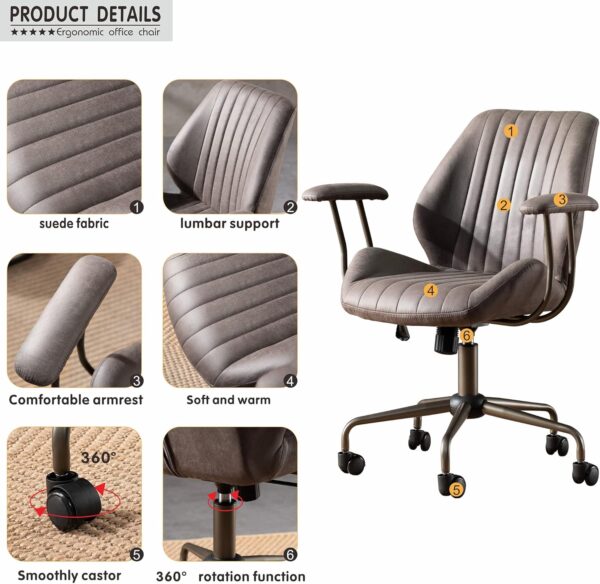 ovios Mid-Century Modern Home Office Chair, Suede Faux Leather Swivel Rolling Task Chairs with Padded Armrests, Comfy Mid-Back Computer Ergonomic Executive Armchair, Dark Grey