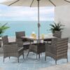 Wisteria Lane 5-Piece Wicker Outdoor Table and Chairs, Patio Dining Set w/Square Glass Tabletop and Umbrella Hole, Patio Table and Chairs Set for Backyard Deck Balcony Front Porch, Light Grey