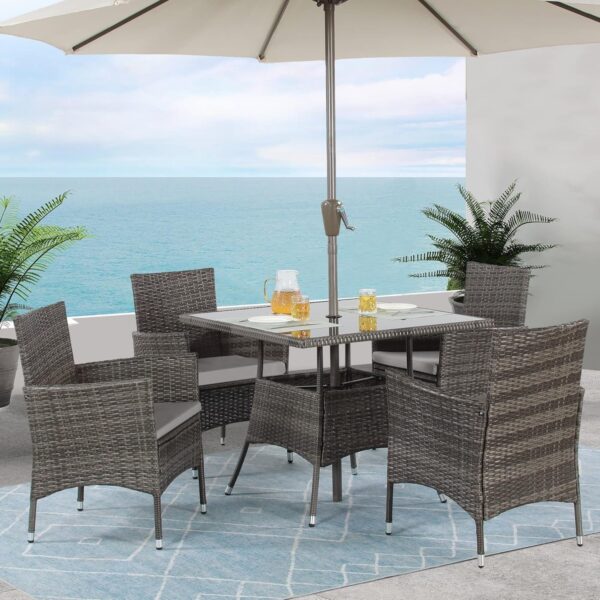 Wisteria Lane 5-Piece Wicker Outdoor Table and Chairs, Patio Dining Set w/Square Glass Tabletop and Umbrella Hole, Patio Table and Chairs Set for Backyard Deck Balcony Front Porch, Light Grey