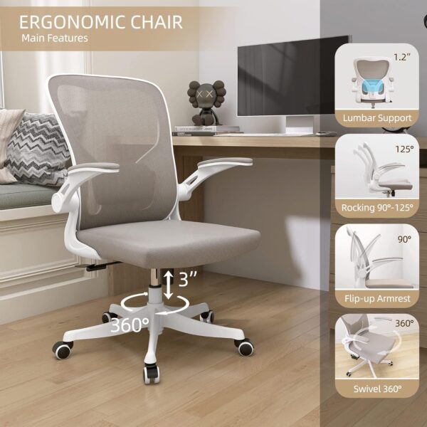 Monhey Desk Computer Chairs - Ergonomic with Lumbar Support & Flip-up Arms Home Office Height Adjustable High Back Rockable Swivel 360° Warm Taupe Mesh Study Chair