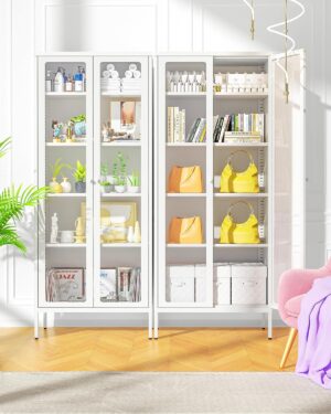 Greenvelly White Metal Storage Cabinet, Tall Curio Display Glass Cabinet Bookcase with 2 Glass Doors and 4 Shelves, Modern Floor Utility Locker for Office Living Room Bathroom Home Entryway
