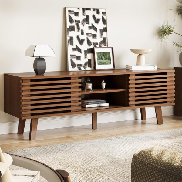 Living Room Table Sets of 2, Mid Century Coffee Table & Dresser TV Stand, Sliding Door Coffee Table with Storage, Modern TV Stand for Bedroom, Living Room (Walnut)