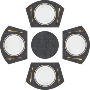 SHACOS Large Size Wedge Placemats with Centerpiece Round Mat Set of 5 Round Table Place Mats Washable Dining Table Placemats Reversible Durable, Black Gray