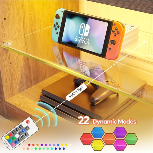 Bestier 70 Inch Gaming Entertainment Center with Adjustable Glass Shelves for 75 inch TV, Large Led TV Stand with Storage Cabinet, Modern Television Stand for Living Room, Bedroom, Pinewood