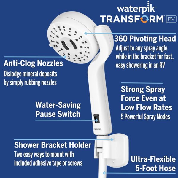 Waterpik Transform Pivoting RV Shower Head with Ultra-Flexible Hose and Pause Switch, Great for Campers, Trailers, Boats, 5-Mode with High Pressure Sprays, White, PHR-551E
