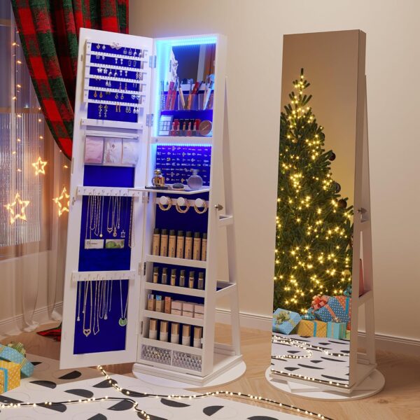 360° Rotating Jewelry Cabinet with LED Lights, 63" H Full Length Mirror with Jewelry Storage, Standing Jewelry Armoire with Door Mirror, Jewelry Organizers for Christmas Gift (White)