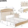LIKIMIO Queen Bed Frame with Guardrail & Bedside Caddy, Multifunctional Headboard with Charging Station, Durable Metal Platform Bed, Noise-Free, No Box Spring Needed, White